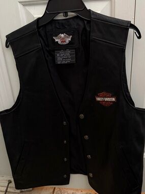 Harley-Davidson Black Leather Vest with Orange Logo Patch